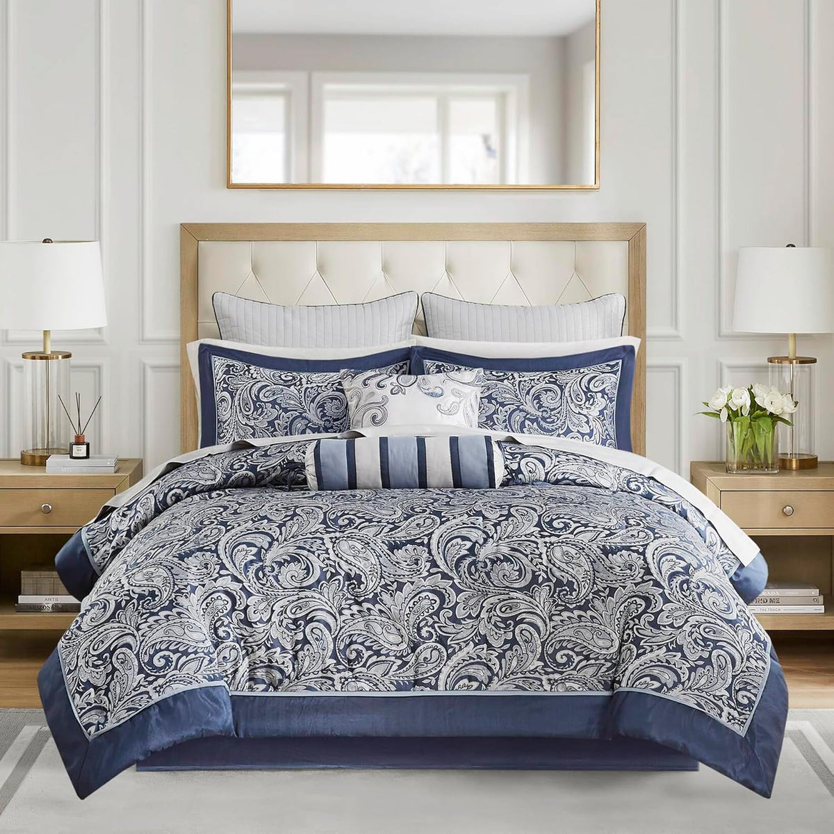 Madison Park Aubrey Cozy Comforter Set, Faux Silk Jacquard Paisley Design - All Season Down Alternative Bedding with Cotton Bed Sheets, Bed Skirt & Toss Pillows, Queen Navy 12 Piece