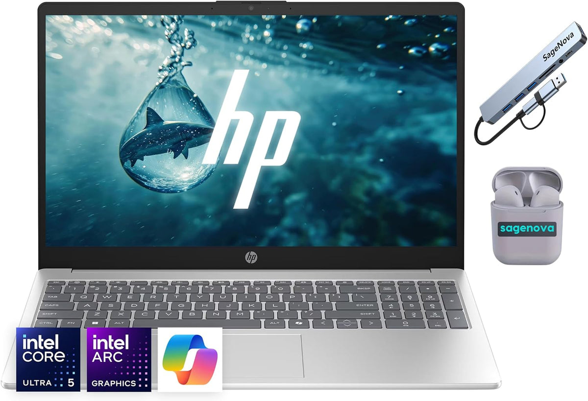 HP 15.6" FHD Touchscreen Laptop, Intel Core Ultra 5 125H (14-Core), 24GB RAM, 1TB SSD, Intel Arc Graphics, AI‑Ready, Windows 11 Home, SageNova Earphones & Docking Station, Silver