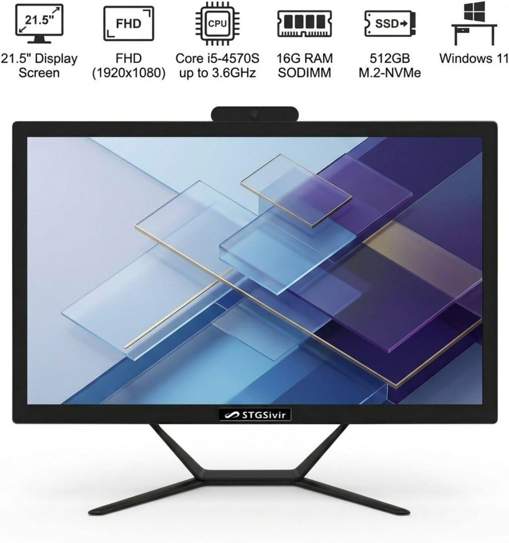 STGSivir All in One Desktop Computer, 21.5-inch FHD Display, Intel Core i5 up to 3.6GHz, 16G Memory, 512G SSD, WiFi 5, Bluetooth, RGB Keyboard & Mouse, Webcam, Windows 11 Home