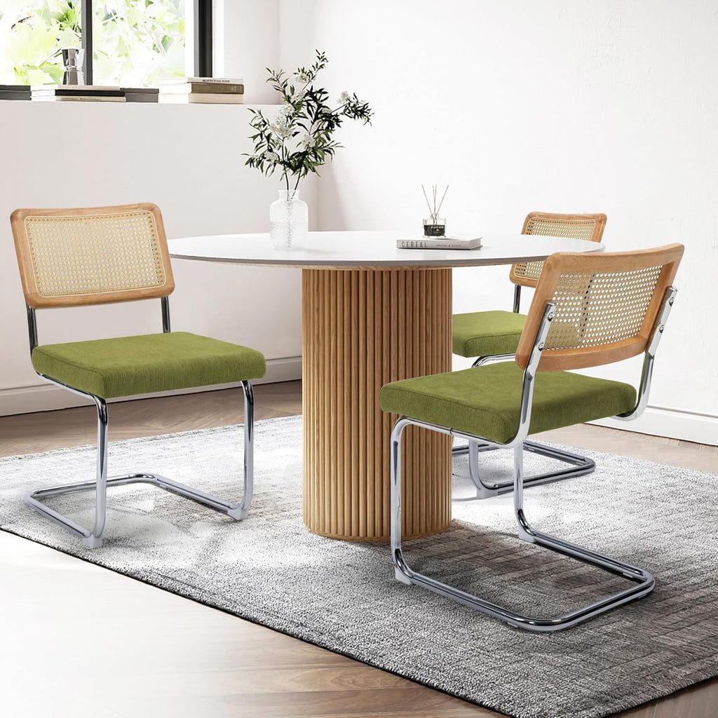 KROFEM Dining Chairs Set of 4, Modern Rattan Kitchen Chairs, Mid Century Modern Design, Polished Chrome Frame, Upholstered Seat, Green