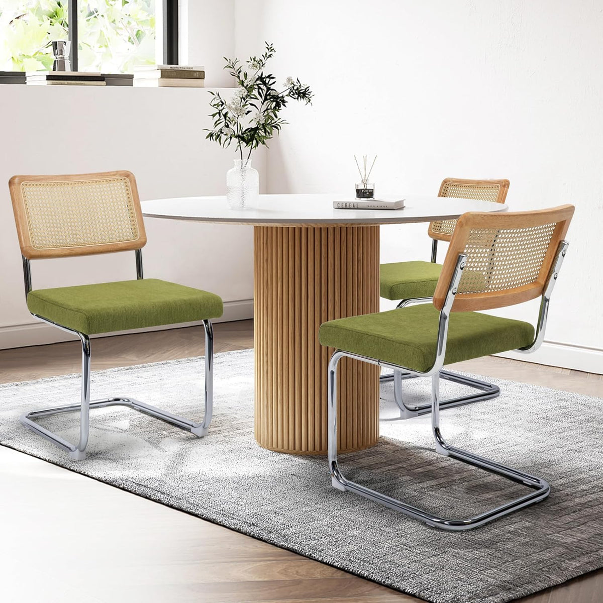 KROFEM Dining Chairs Set of 4, Modern Rattan Kitchen Chairs, Mid Century Modern Design, Polished Chrome Frame, Upholstered Seat, Green