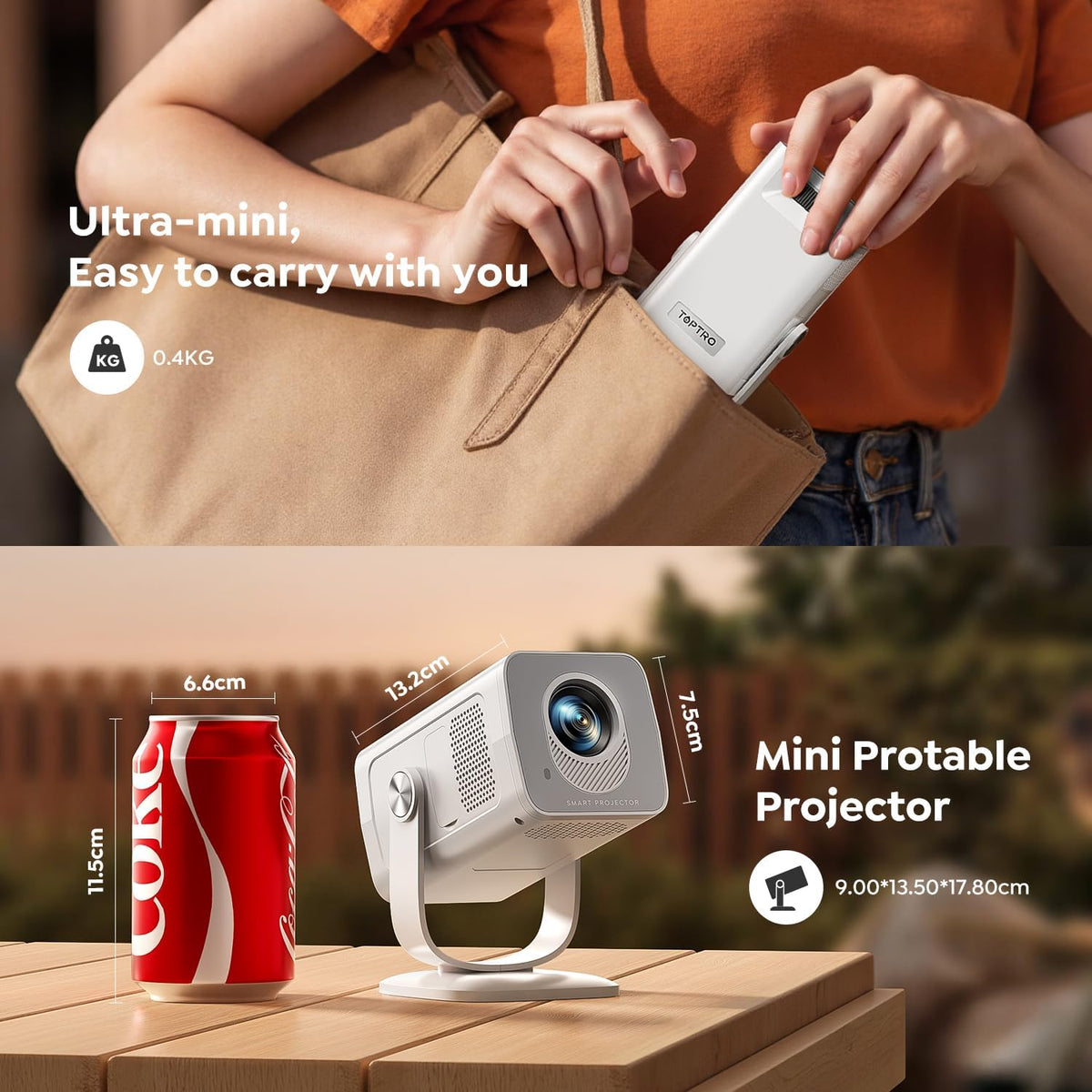 Mini-Projector with WiFi6 and Two-Way Bluetooth5.4, 1080P 4K Support, Built-in Apps & 2026 Android 14 Portable Outdoor Movie Proyector for Bedroom, Auto Keystone & 270° Rotation for Phone/HDMI/USB