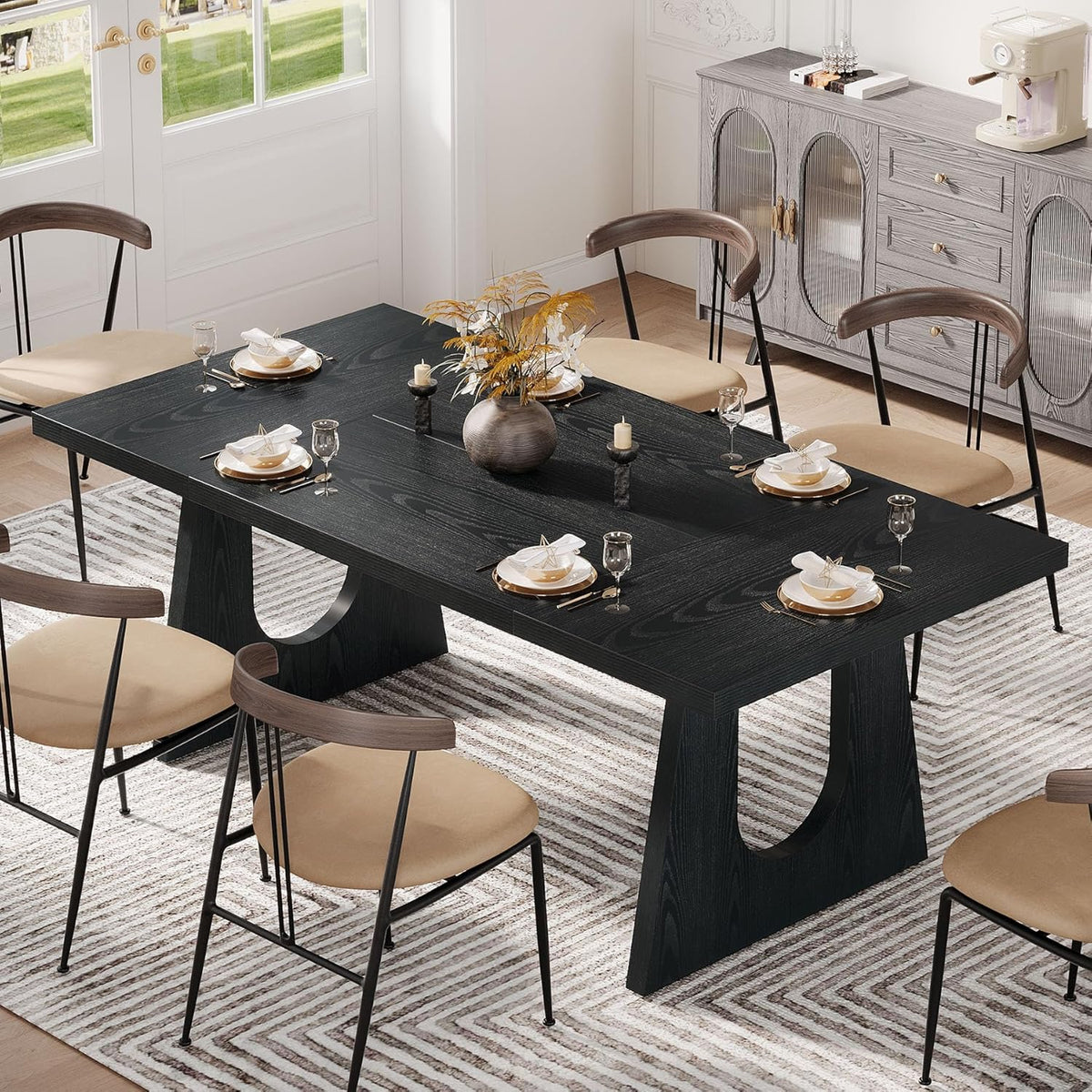 Tribesigns Large Dining Table for 6-8 People, 70.9-Inch Wood Rustic Rectangular Table with Black Wooden Legs, Farmhouse Center Kitchen Table for Dining Room, Living Room, Home Furniture, Black