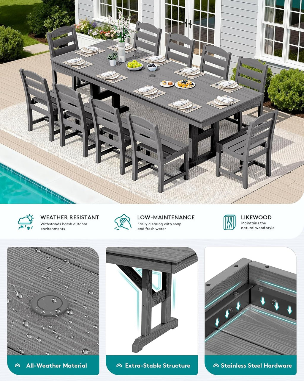 SERWALL Outdoor Dining Table, 84" Rectangular Dining Table for 6-10 Person, All Weather HDPE Outdoor Furniture for Backyard, Garden, Gray