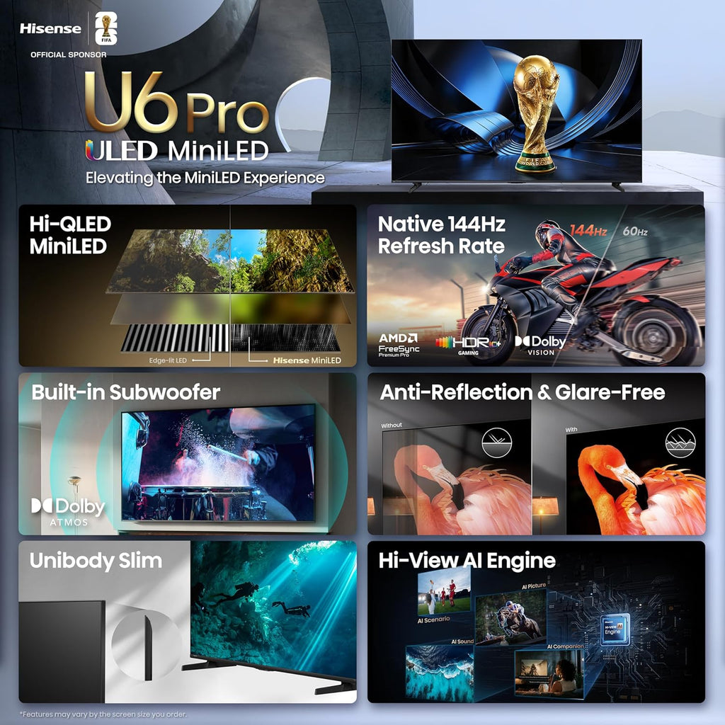 Hisense 55" U6 Pro Series Mini‑LED 4K UHD HDR Gaming AI Smart Fire TV (55U6SF Pro, 2026 New) – Hi-QLED, Native 144Hz, Motion Rate 480, Dolby Vision IQ,· Atmos, HDR10+, Glare-Free, Alexa+