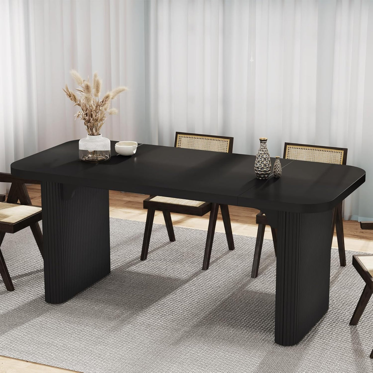 Tribesigns Dining Table for 4-6, Rectangular Wood Kitchen Tables with Double Pedestal, 62-Inch Dinner Tables for Dining Room, Living Room, Easy Assembly, Only Table (Black)