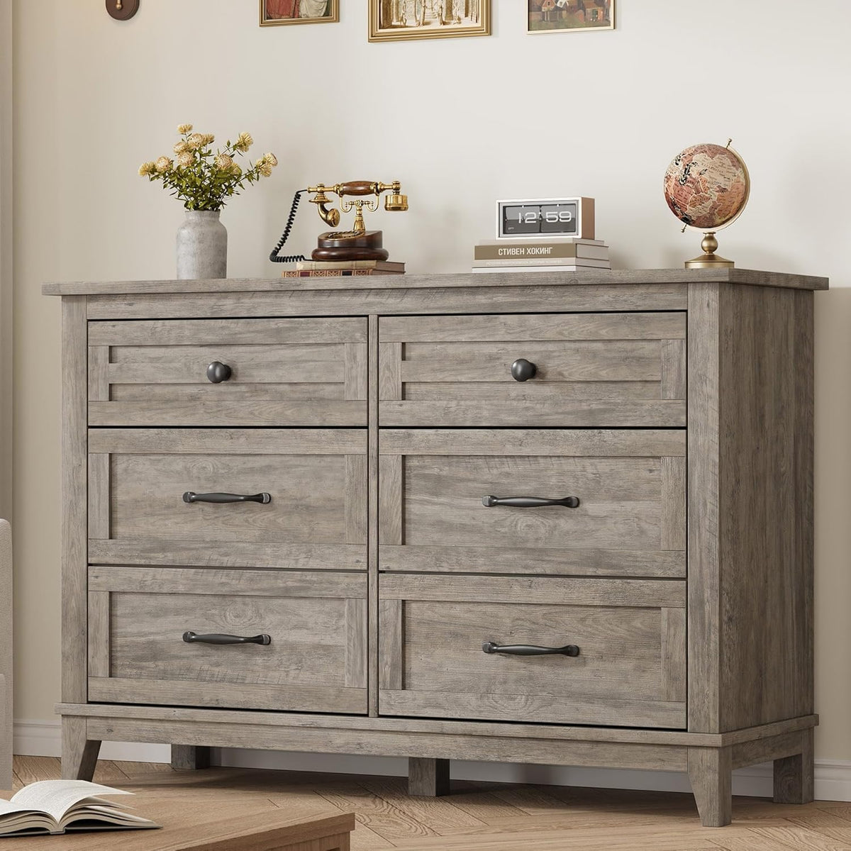 GarveeHome 6 Dresser for Bedroom, 47 in Wide Drawer Dresser with Storage Freestanding, Wooden Closet Storage Chest for Living Room, Bedroom, Entryway, Ash Grey