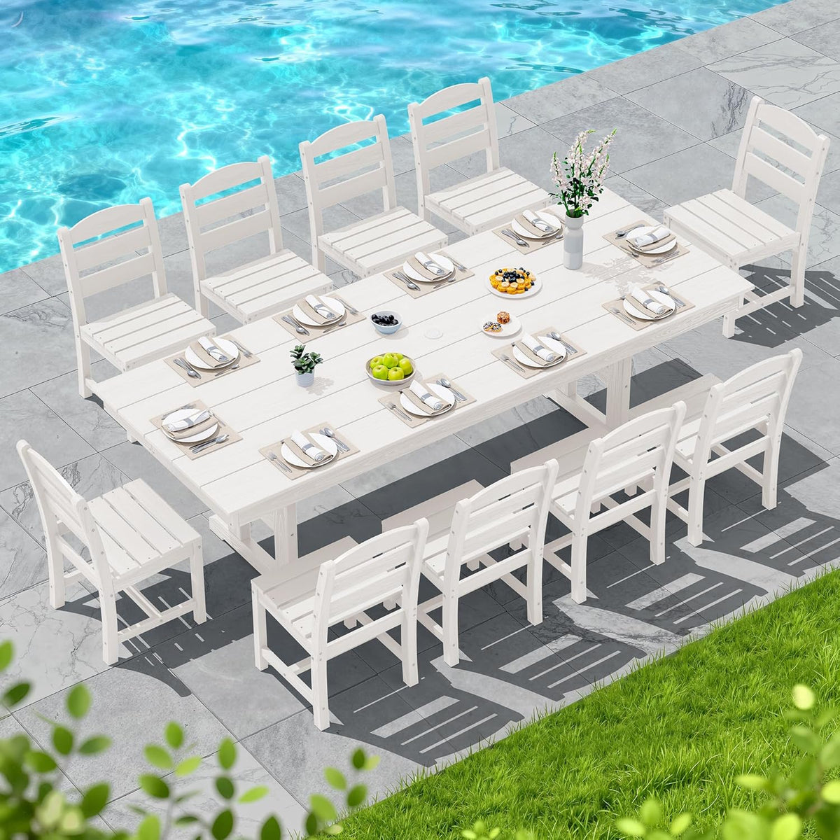 SERWALL Outdoor Armless Dining Chairs Set of 4, All-Weather HDPE Patio Chair with 19.7" Widened Seat, for Backyard, Garden, White