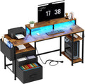 Lufeiya Gaming Desks with Led Lights and Power Outlets, 55 Inch Study Writing Computer Desk with Fabric File Drawers Cabinet for Bedroom, Home Office Desk with Shelves Monitor Stand, Rustic Brown