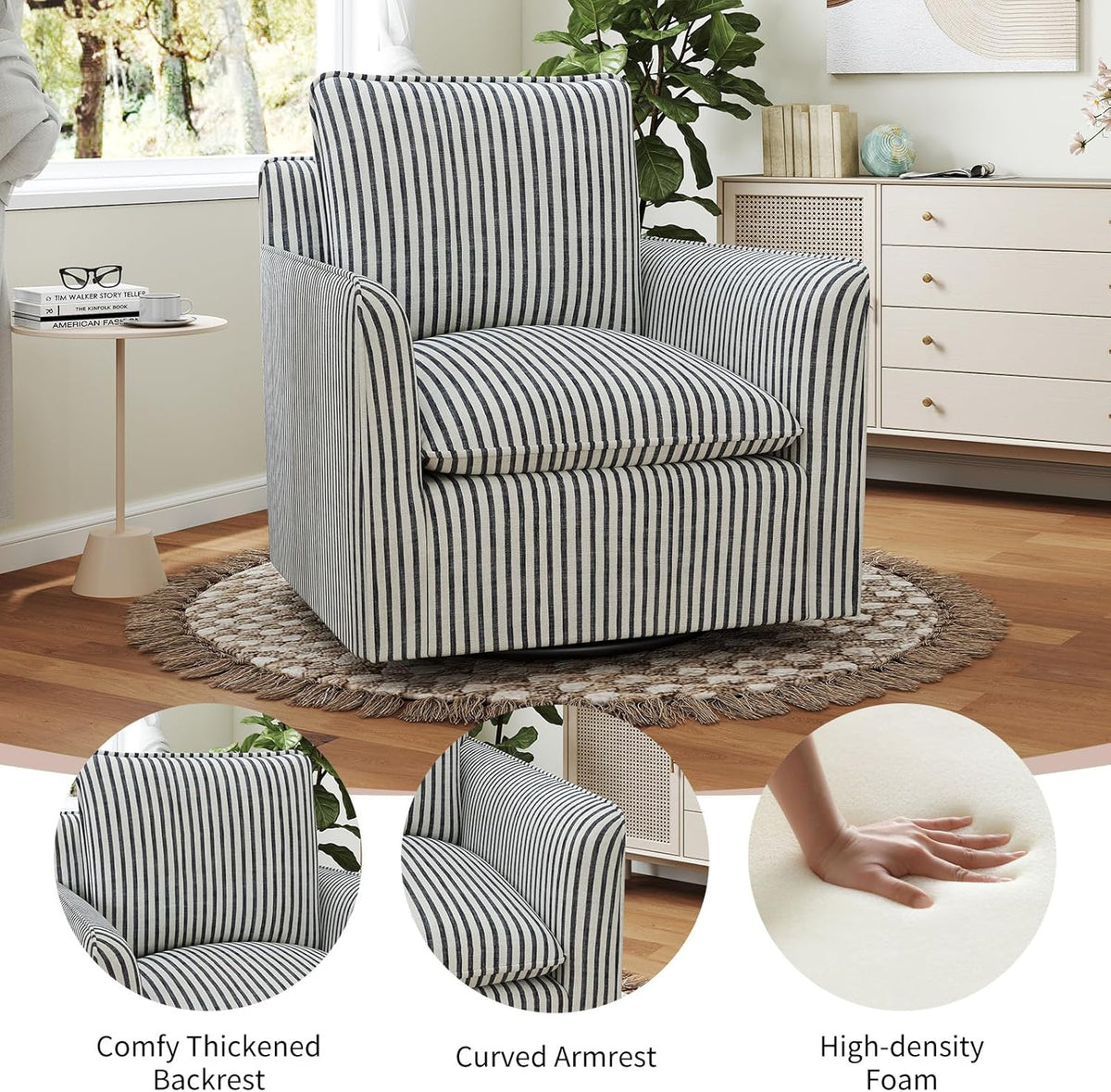 INZOY Swivel Accent Chair Set of 2, Upholstered Square Chair, Swivel Barrel Reading Chair with Thick Padded Backrest Cushion for Living Room Bedroom Small Space, Blue Stripe
