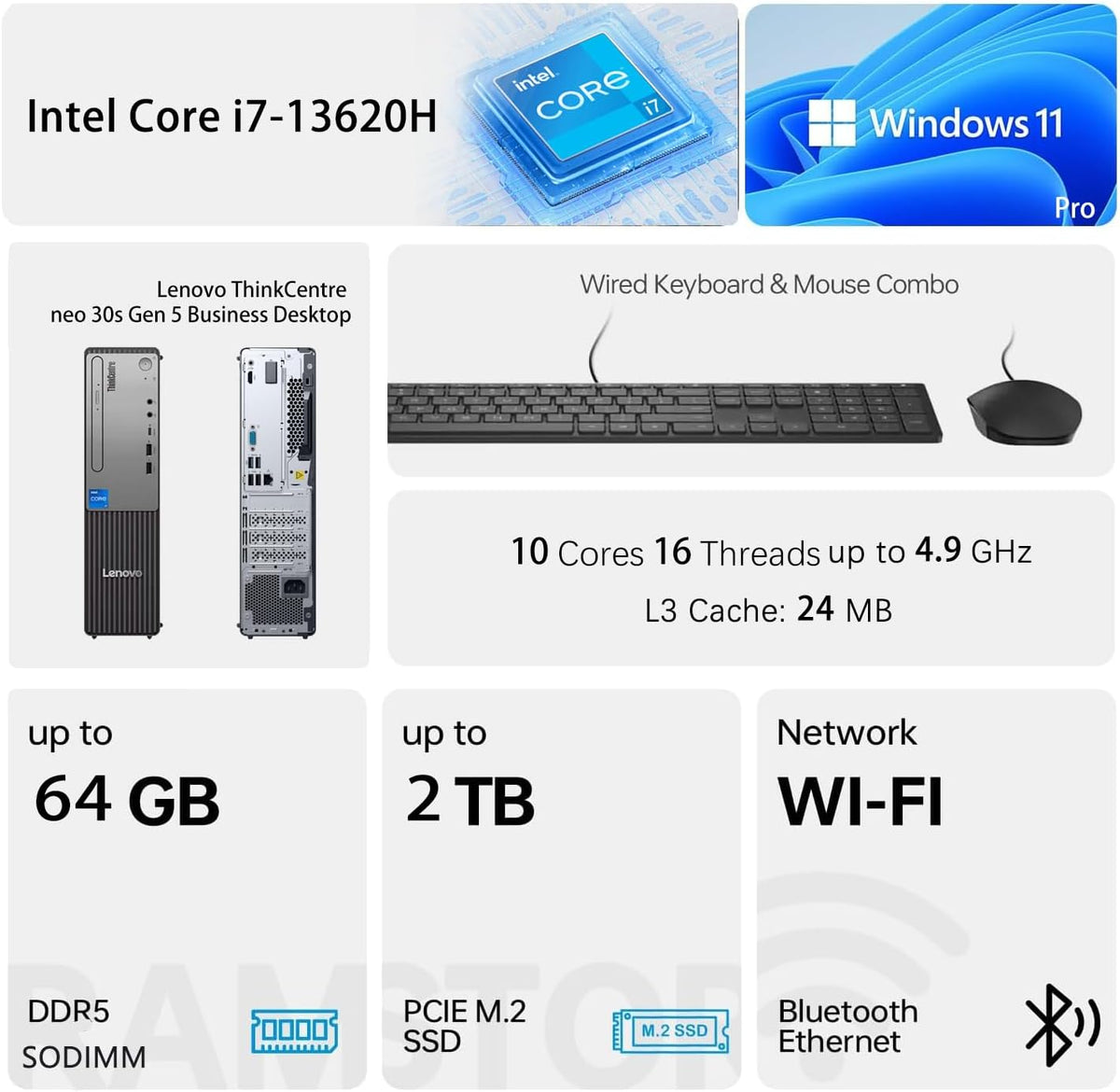 Lenovo ThinkCentre Small Form Factor Business Desktop, 13th Gen Intel Core i7-13620H, 16GB DDR5, 512GB SSD, HDMI, VGA, Wi-Fi, Wired KB & Mouse, Windows 11 Pro, Bundle with Adata 64GB USB Flash Drive