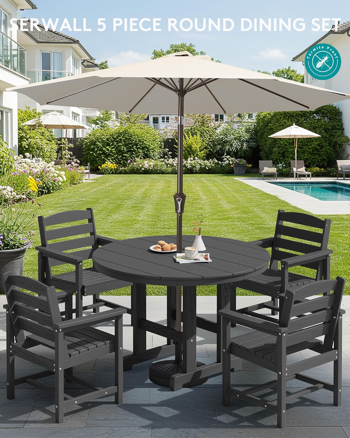 SERWALL 5-Piece Outdoor Round Dining Sets, HDPE Patio Table and Chairs Furniture Set, 45" Round Dining Table and 4 Dining Chairs, Black