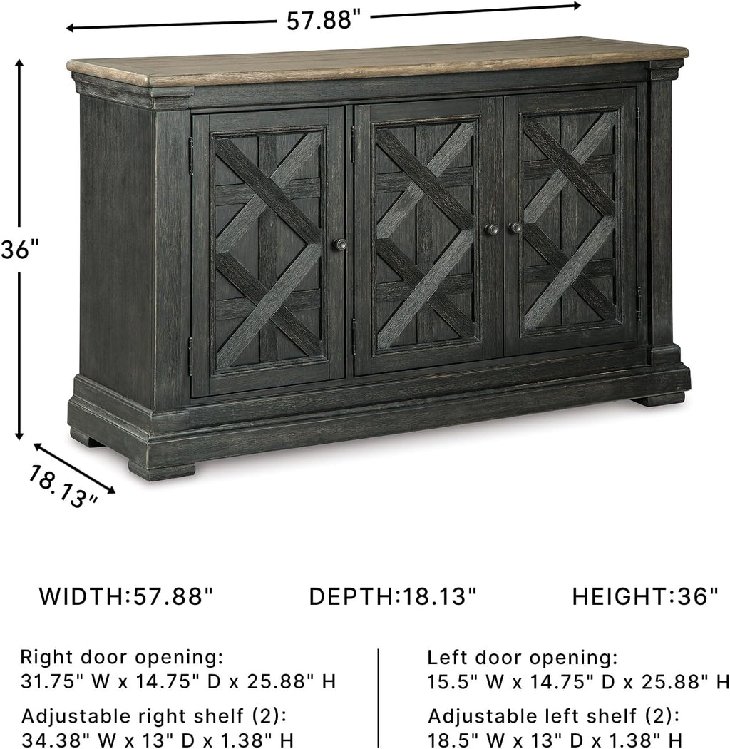 Signature Design by Ashley Tyler Creek Vintage Casual Dining Room Buffet Cabinet or Server with 3 Doors and Lattice Design, Wood, 36" High, Black & Gray