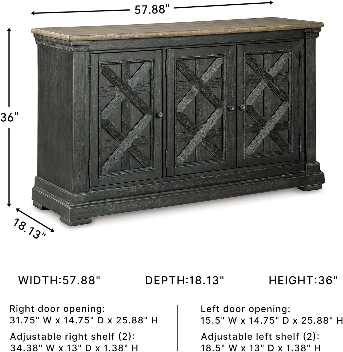 Signature Design by Ashley Tyler Creek Vintage Casual Dining Room Buffet Cabinet or Server with 3 Doors and Lattice Design, Wood, 36" High, Black & Gray