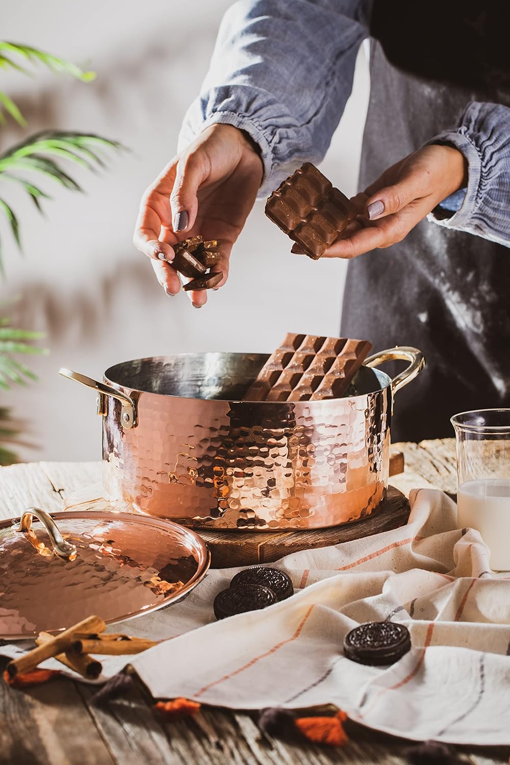 DEMMEX 1.2MM Thick Hammered Copper Soup Pot Casserole Pan Dish Dutch Oven, 4 Quarts (9" x 4")