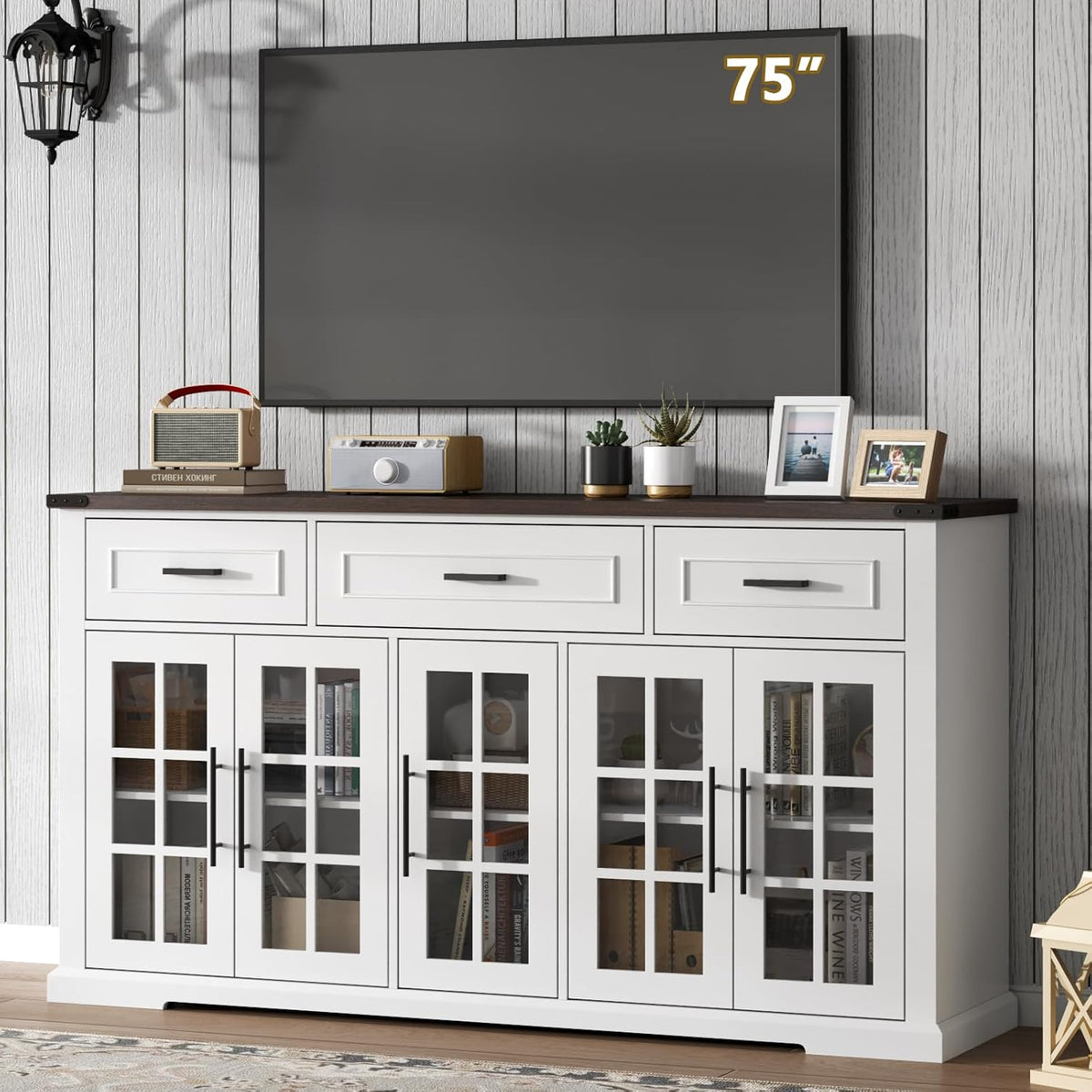 Gyfimoie 63" Sideboard Buffet Cabinet with Glass Doors, Farmhouse Large Buffet Table with 3 Storage Drawers, Modern Coffee Bar Wine Bar Cabinet with Adjustable Shelves for Kitchen, Dining Room, White