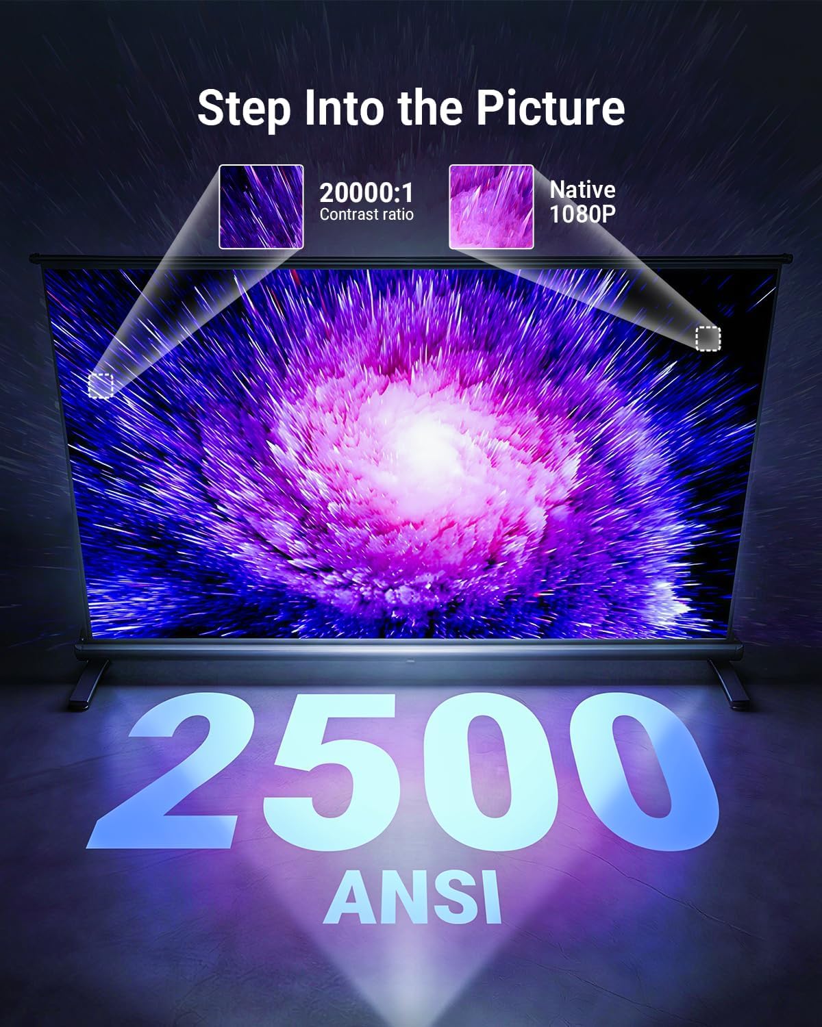 Smart Projector Built in Google TV and 4K Support with WiFi and Bluetooth, 2500ANSI, Auto Lens Cap, Portable Outdoor Movie Projector with Built-in Apps Auto Focus for Ceiling/Home Theater/Bedroom