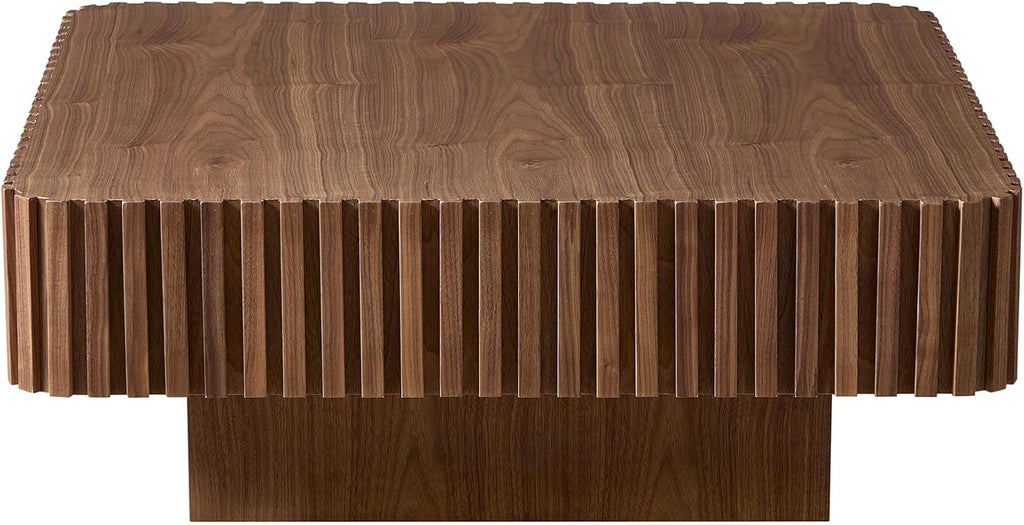 KEIKI 35" Handcraft Drum Square Wooden Coffee Table with Sturdy MDF Pedestal, Modern Style Solid Wood Relief Coffee Table, Easy Assembly, for Living Room, Bedroom, Reception Room, Walnut