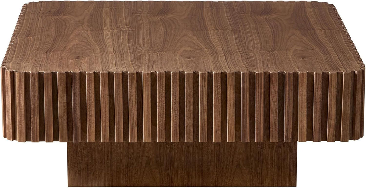 KEIKI 35" Handcraft Drum Square Wooden Coffee Table with Sturdy MDF Pedestal, Modern Style Solid Wood Relief Coffee Table, Easy Assembly, for Living Room, Bedroom, Reception Room, Walnut