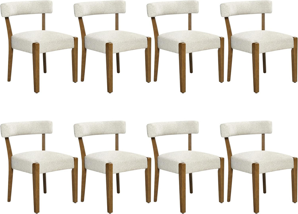 RNKSFX Modern Dining Chairs Set of 8, Walnut Upholstered Kitchen & Dining Room Chairs, Mid Century Modern Wooden Dining Chairs Oversized Sturdy Rounded Chairs Curved Back, Beige Fabric