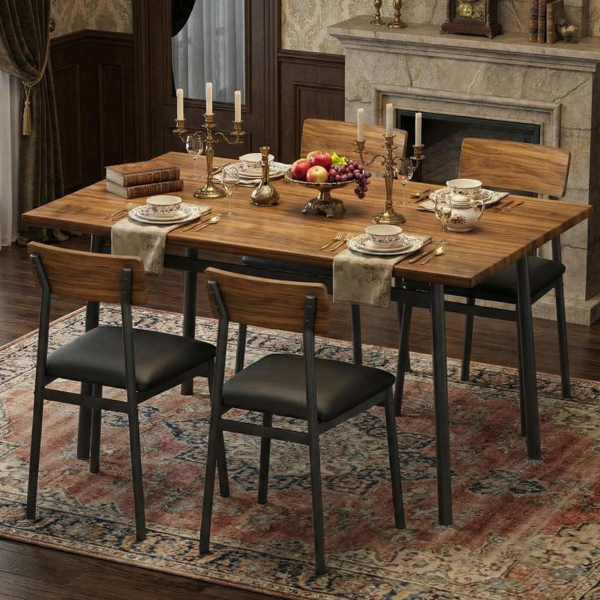 Garvee Dining Table Set for 4 with 4 Upholstered Chairs, Dining Room Table Set for 4 w/Smooth Edge, Wood Kitchen Table Chairs Set of 4 for Dining, Kitchen Room, Apartment,Walnut