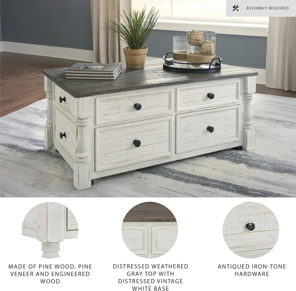 Signature Design by Ashley Havalance Farmhouse Lift Top Coffee Table with 4 Storage Drawers and Small Storage Tray, Whitewash