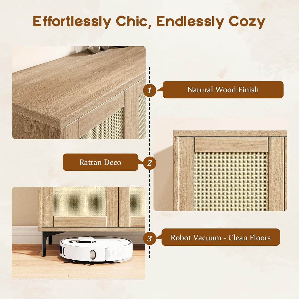 Luoxiao Sideboard Buffet Cabinet with Storage 48" Rattan Coffee Bar Boho Console Table with Adjustable Shelves & 4 Doors, Modern Credenza for Kitchen, Living Room, Entryway, Dining Room, Wood