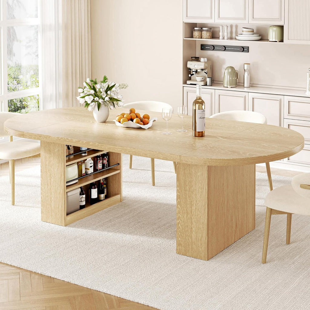 Jocoevol 78.7" Oval Dining Table for 8-10, Modern Dining Room Table with 3-Tier Storage Shelf, Wood Dinner Tables with Heavy Duty Pedestal Base for Kitchen Living Room - Natural