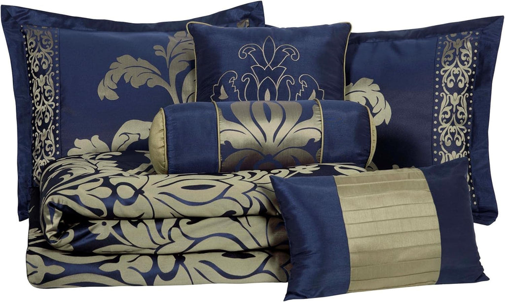 Chezmoi Collection 7-Piece Jacquard Floral Comforter Set (King, Navy/Gold)