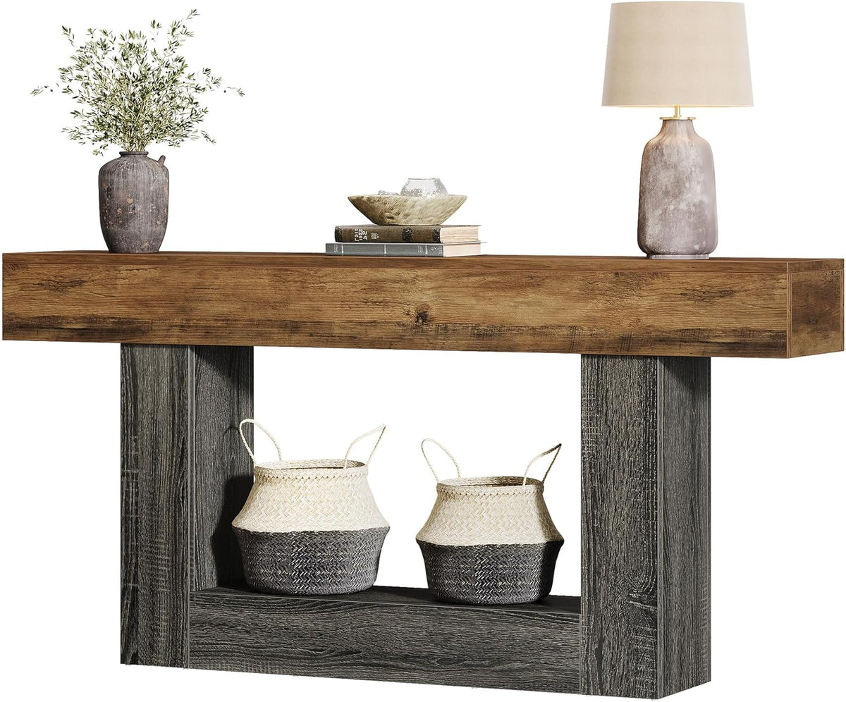 Tribesigns 63-Inch Long Console Table, 2-Tier Entryway Table Sofa Table with Storage, Farmhouse Wood Behind Couch Tables for Living Room, Hallway, Rustic Brown & Gray