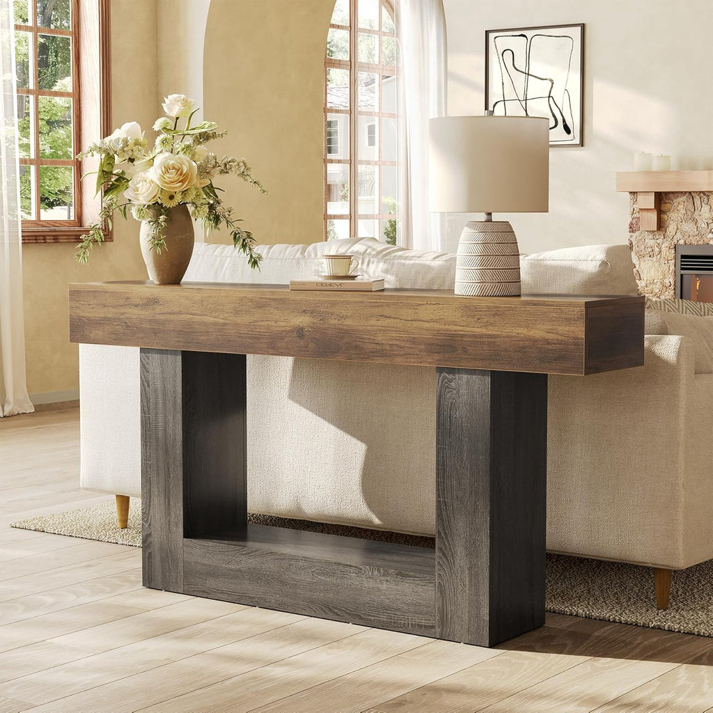 LITTLE TREE 63 Inches Long Console Table, 2-Tier Farmhouse Sofa Table Behind Couch, Large Narrow Entryway Table for Living Room, Wooden Hallway Foyer Table with Heavy Duty Base, Rustic Brown and Grey