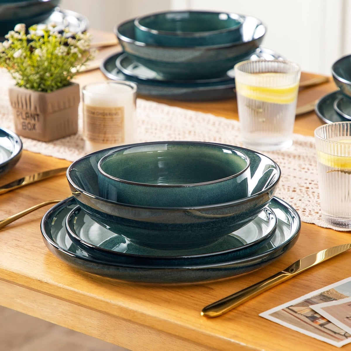 vancasso Starry Plates and Bowls Sets for 6, 24 Pieces Dinnerware Sets, Green Reactive Glaze Dishes Sets for Kitchen, Scratch Resistant Stoneware Dishes Set, Dishwasher and Microwave Safe