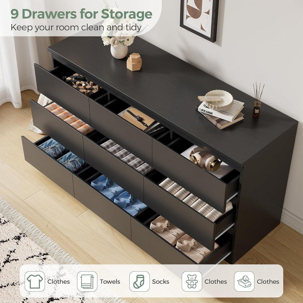 Jocoevol Modern Pink 9 Drawer Dresser for Bedroom, Simply Chest of Drawers, Wood Storage Dresser with Deep Drawers for Living Room Hallway Entryway (Black)