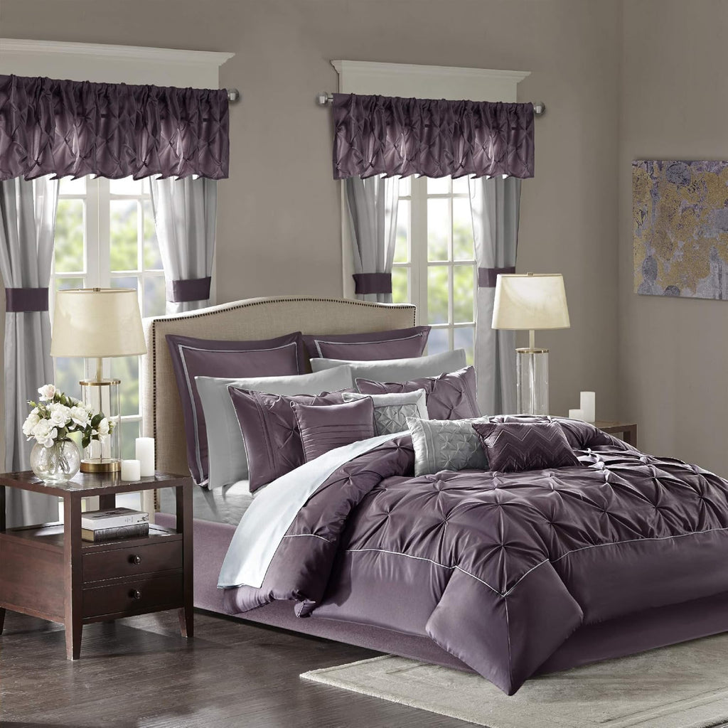 Madison Park Essentials King Comforter Set, 24 Piece Bedding With Matching Curtains, Decorative Pillows, Luxe Diamond Tufting , Room in a Bag Joella Collection, Plum King