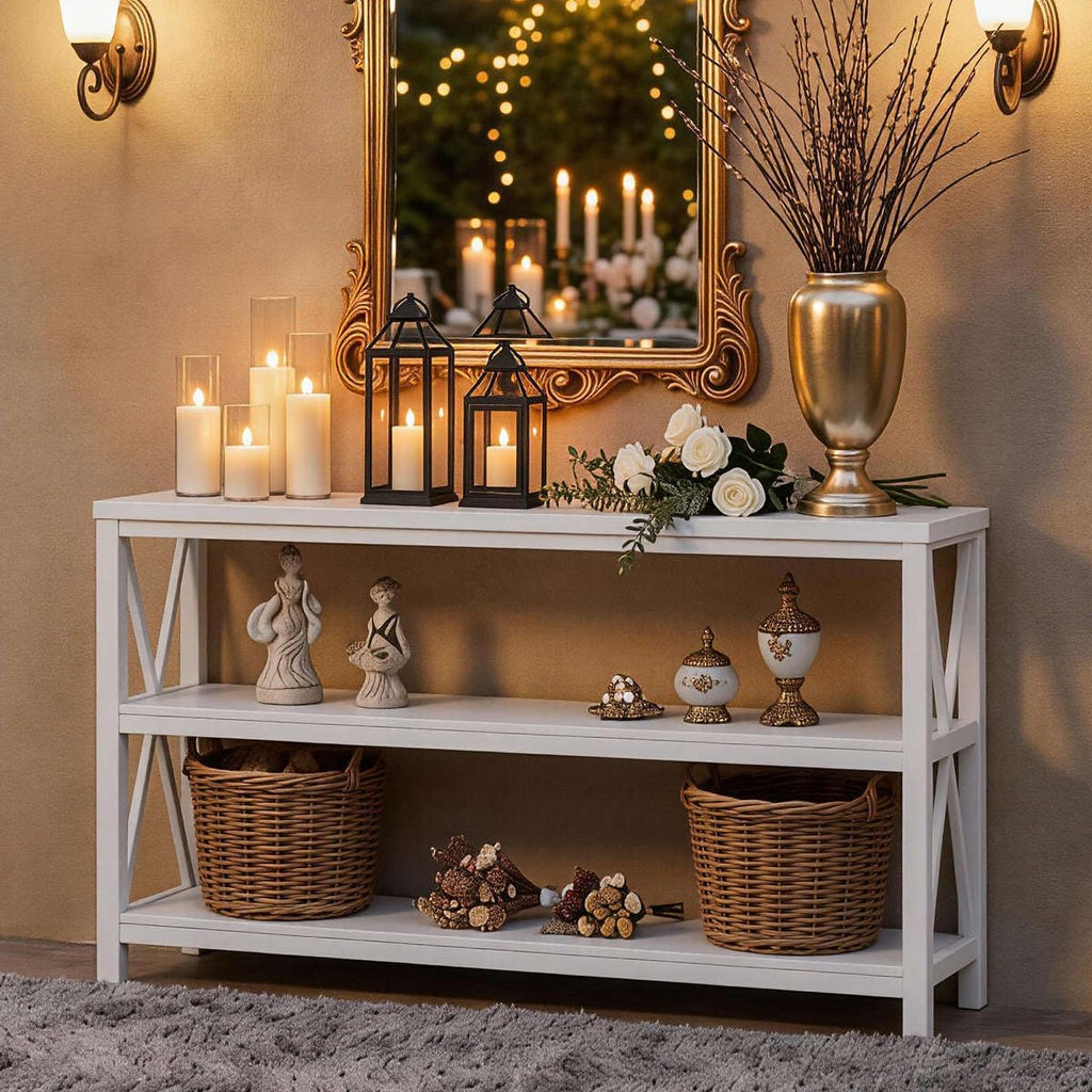 FATORRI Console Table for Entryway, Long Sofa Table with 3 Tier Shelves, Modern White Hallway Tables for Living Room (55 Inch, White Oak)