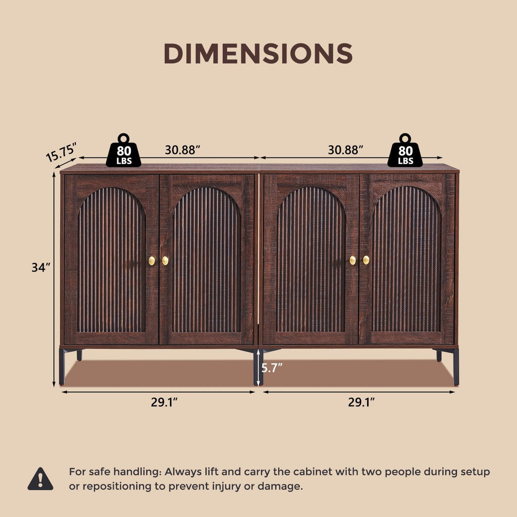 IFGET Modern Buffet Cabinet with Storage, 61.75" W Fluted Arched Sideboard Cabinet w/Adjustable Shelves, Wooden Modular Coffee Bar for Dining Room, Kitchen, Living Room, Entryway, Brown
