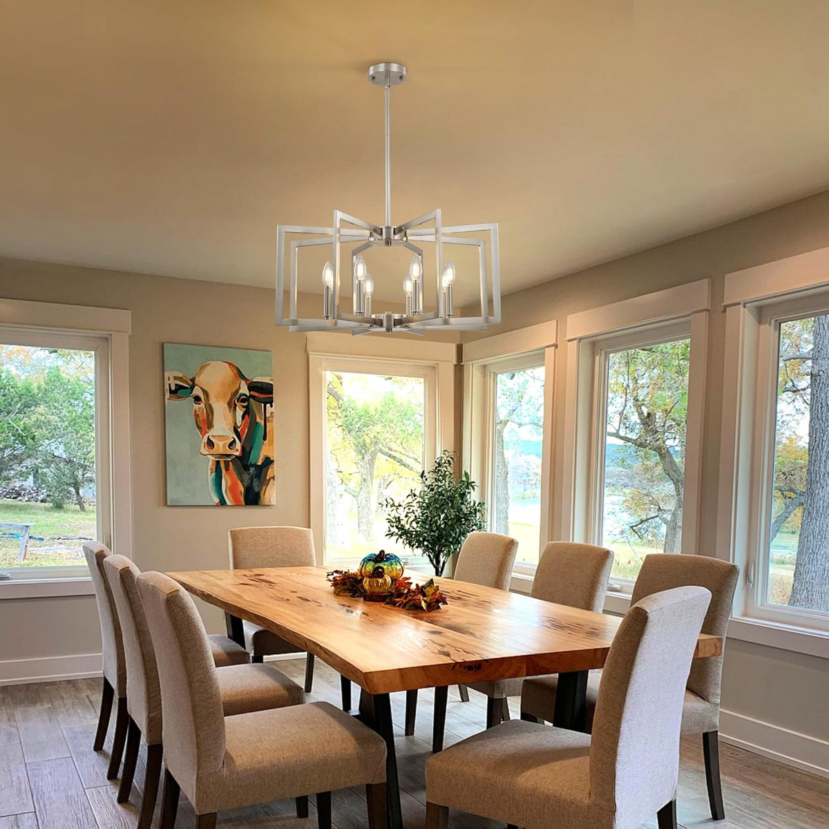 Sigaitwei 8-Light Large Brushed Nickel Chandeliers for Dining Room .Modern Industrial Pendant Lights Kitchen Island .Farmhouse Entryway Light Fixtures .Metal Geometric Chandelier for Living Room