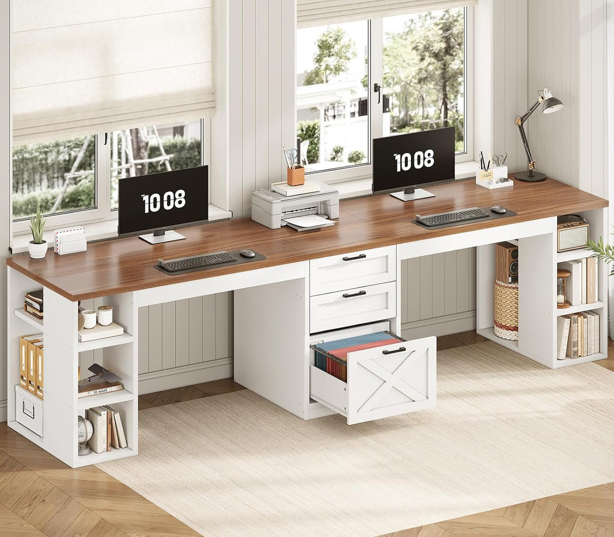 SEDETA Farmhouse 96.5" Computer Desk with Drawers, 2 Person Home Office Desk, Gaming Double Desk with Storage Shelves, Long Two Person Writing Desk (White and Brown)