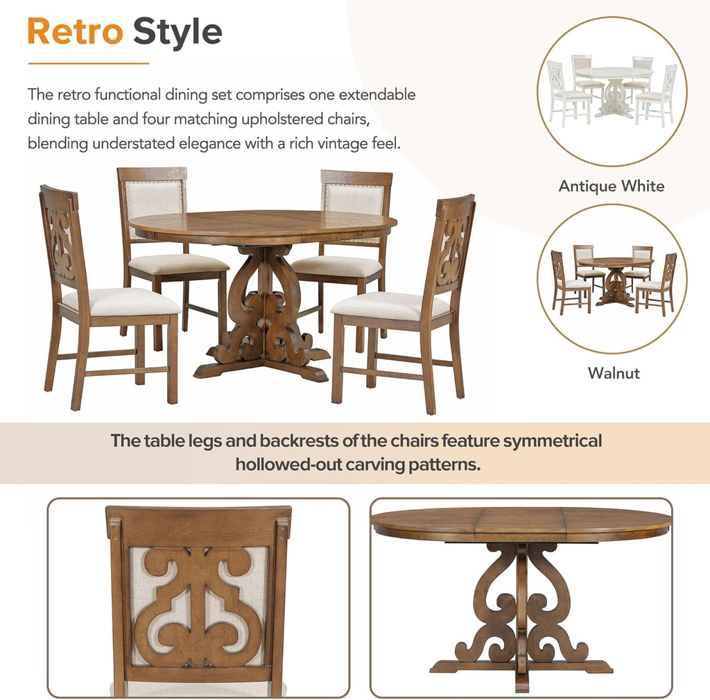 Merax Round Dining Table Set for 4, 42"-58" Extendable Kitchen Table Set with 4 Upholstered Chairs, Farmhouse Dining Table and Chairs Set for Kitchen, Dining Room, Living Room, Walnut