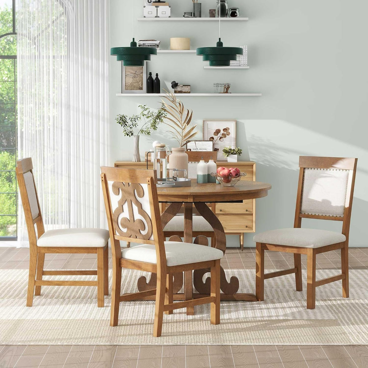 Merax Round Dining Table Set for 4, 42"-58" Extendable Kitchen Table Set with 4 Upholstered Chairs, Farmhouse Dining Table and Chairs Set for Kitchen, Dining Room, Living Room, Walnut