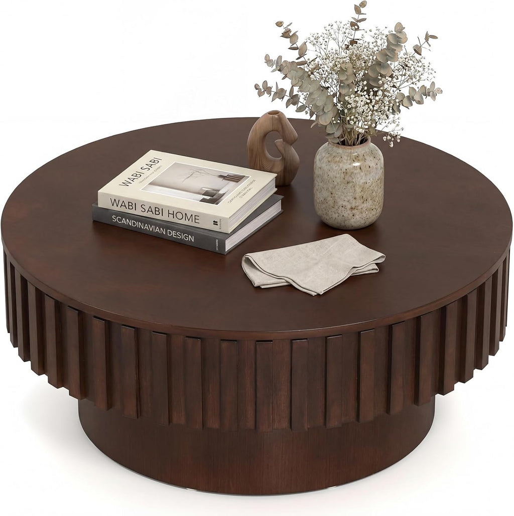 Giantex Round Coffee Table with Storage, Modern Drum Fluted Center Table with Solid Wood Veneered, Unique Circle Wood Coffee Table for Living Room Small Spaces (Brown)