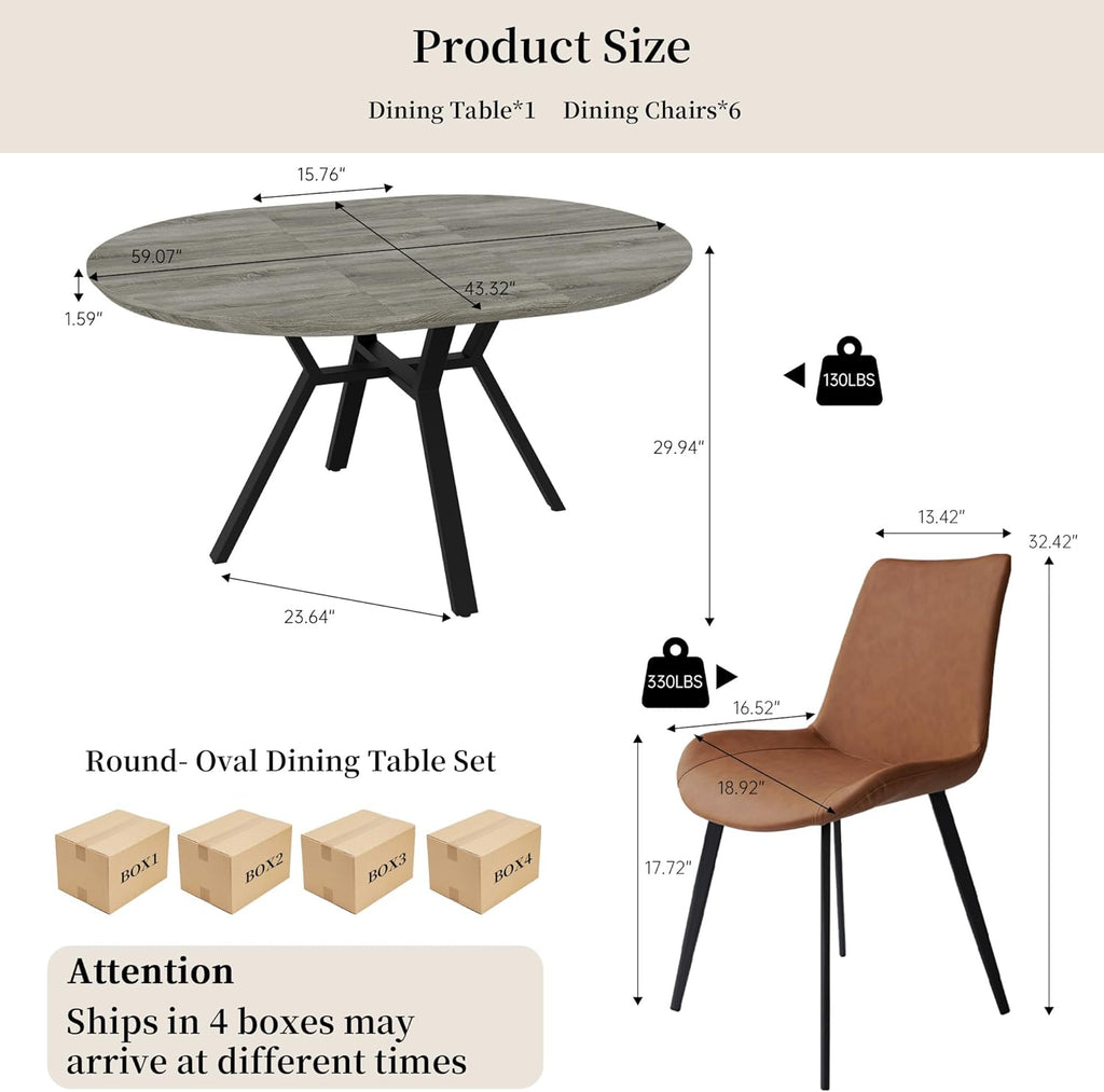 HIPIHOM Extendable Round Dining Table Set for 6 People, 43.3"-59.1" Extendable Kitchen Table with 6 Upholstered Chairs, Space Saving for Kitchen Dining Room (Grey Table+6 Brown Chairs)