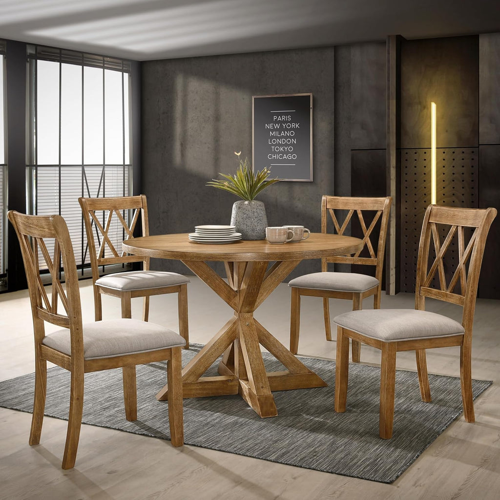 Roundhill Furniture Windvale Cross-Buck Wood 5-Piece Dining Set, Brown
