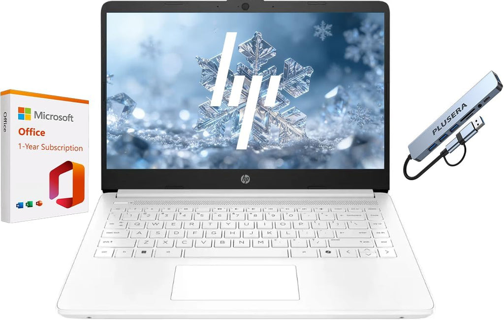 HP 14" Business Laptop, 1-Year Office 365 with Copilot AI, Dual-Core Intel Processor, Windows 11, PLUSERA 8-in-1 Hub Included, Snowflake White (Snowflake White, 16GB RAM | 576GB Storage)