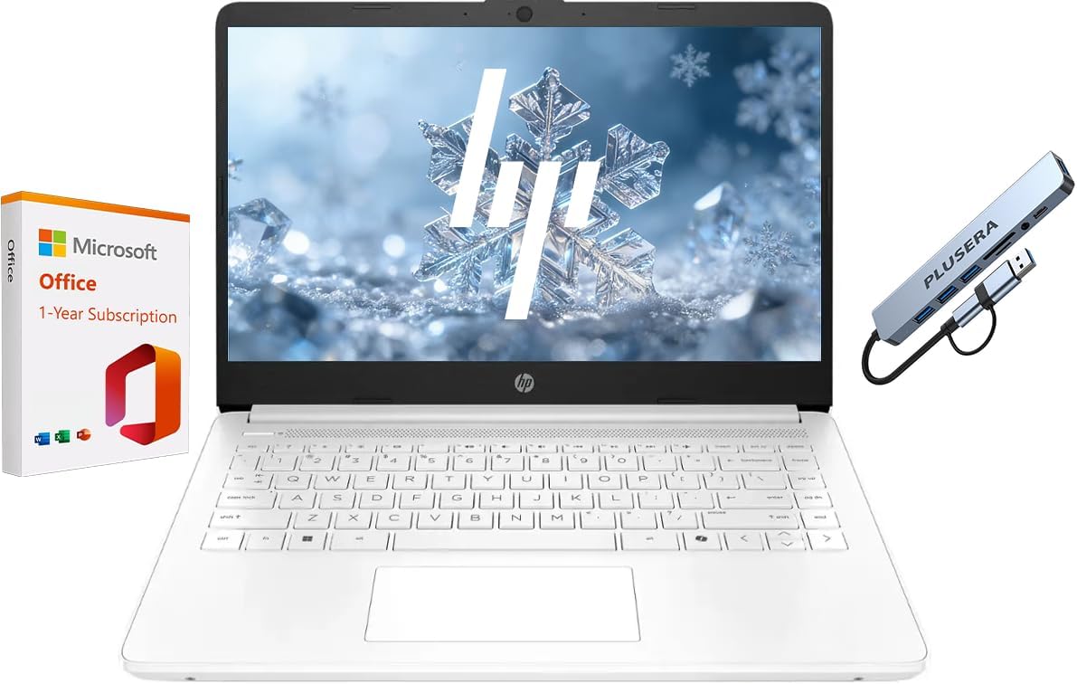 HP 14" Business Laptop, 1-Year Office 365 with Copilot AI, Dual-Core Intel Processor, Windows 11, PLUSERA 8-in-1 Hub Included, Snowflake White (Snowflake White, 16GB RAM | 576GB Storage)