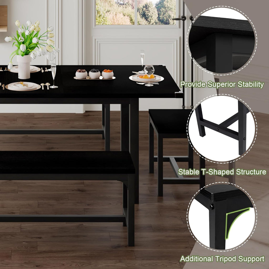 Feonase 5-Piece Dining Table Set for 4-8 People, 63" Large Extendable Kitchen Table Set with 2 Benches and 2 Square Stools, Dining Room Table with MDF Wood Board, Easy Assembly, Black