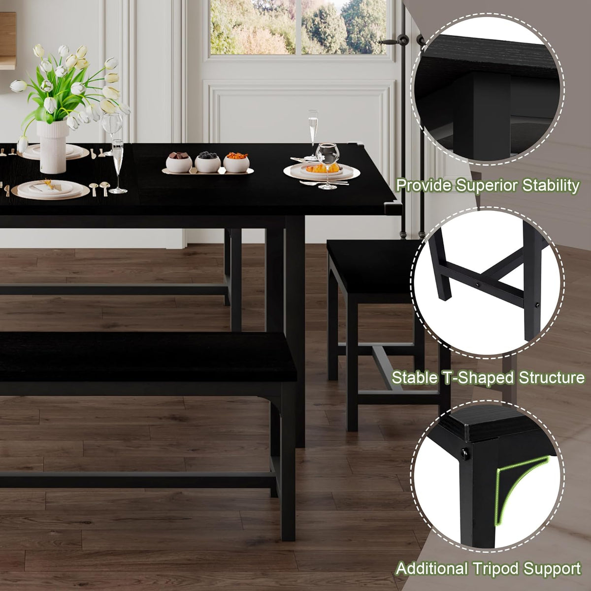 Feonase 5-Piece Dining Table Set for 4-8 People, 63" Large Extendable Kitchen Table Set with 2 Benches and 2 Square Stools, Dining Room Table with MDF Wood Board, Easy Assembly, Black
