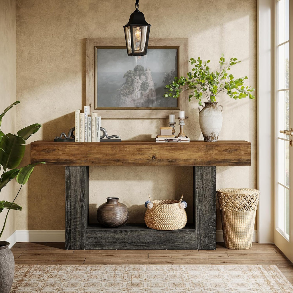 Tribesigns 63-Inch Long Console Table, 2-Tier Entryway Table Sofa Table with Storage, Farmhouse Wood Behind Couch Tables for Living Room, Hallway, Rustic Brown & Gray