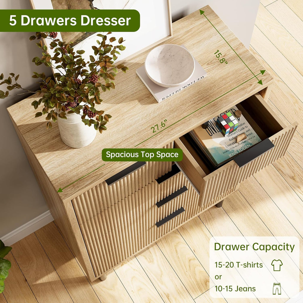 GarveeHome Oak Fluted 5 Drawer Dresser for Bedroom, Modern Wood Chest of Drawers with Wide Drawers, Closet Dresser Organizer with Anti-Tipping Device and Metal Legs for Hallway Entryway