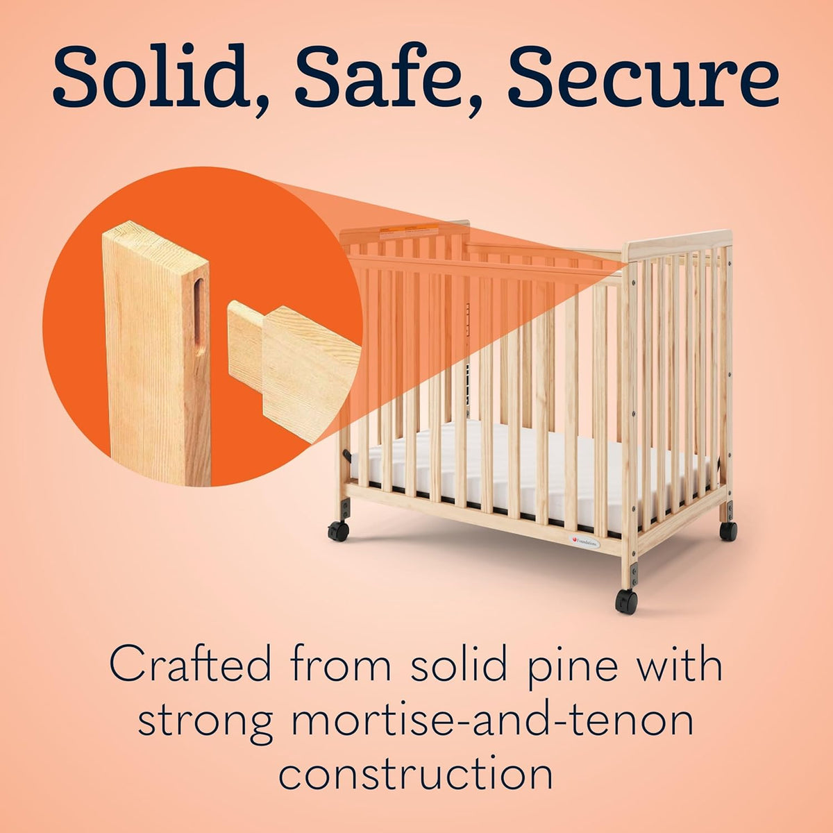 Foundations SafetyCraft Compact Slatted Daycare Crib, Durable Wood Construction, Non-Marking Casters (2 Locking), Includes 3” InfaPure Foam Mattress, Natural